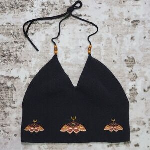 Fairycore MOTH Embroidery Knit Halter Top Boho Grunge Goth Beaded Festival Crop